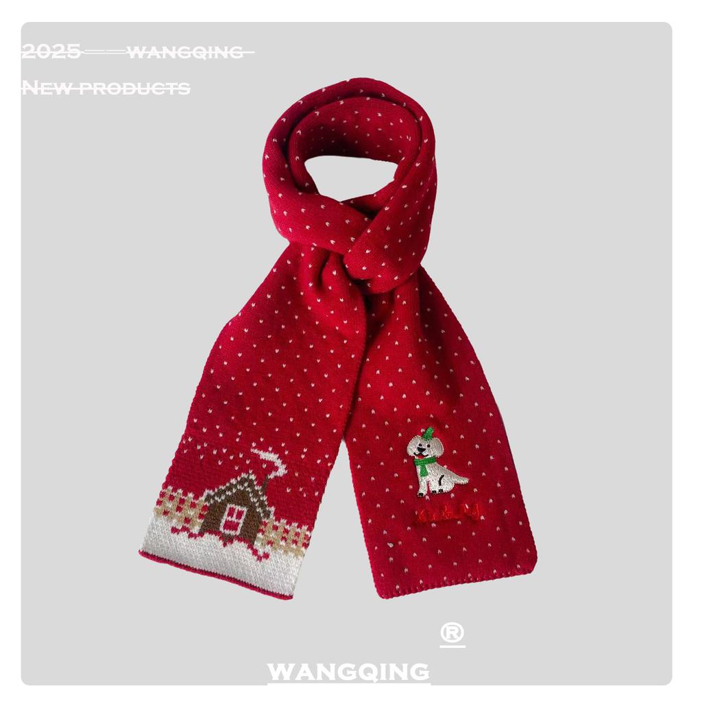 Korean Style Red White Cute Puppy Scarf Autumn and Winter New Style Gentle and Sweet Atmosphere Warm Knitted Small Scarf