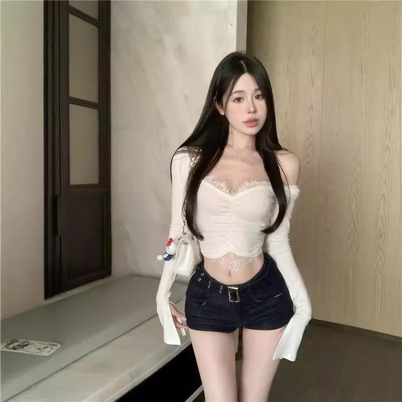 Pure Lace Long-sleeved T-shirt for Women's Spring and Autumn New Slim-fitting and Thin Design, Spice Girl Inner Bottoming Shirt Top