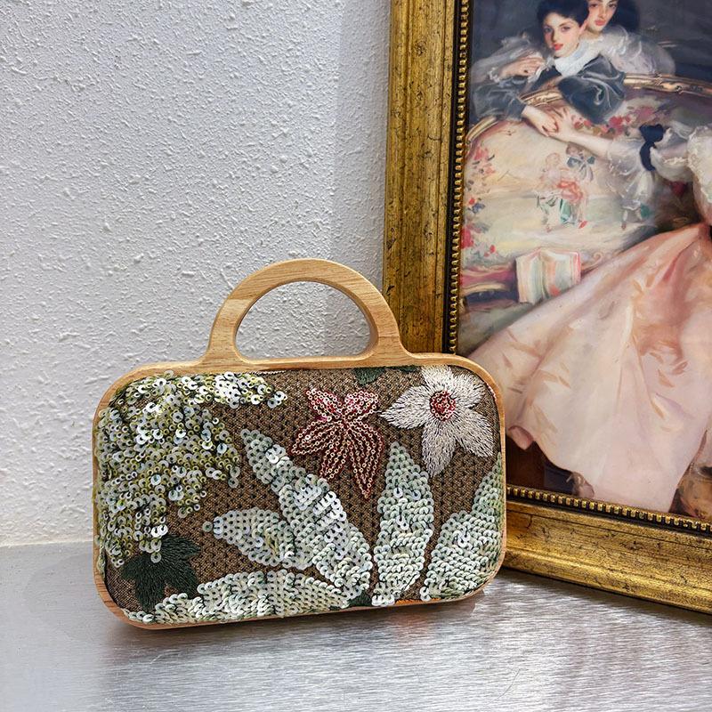 Embroidery Sequins Wooden Clip Box Bag Handbag Luxury Flower Applique Evening Bags for Women Party Clutch Shoulder Crossbody Bag