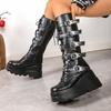 Large Size 36-43 Women's Soft Bottom Motorcycle Boots Lady Slope Heel Butterfly Love Belt Buckle Punk Fad Long Boots Botas Mujer