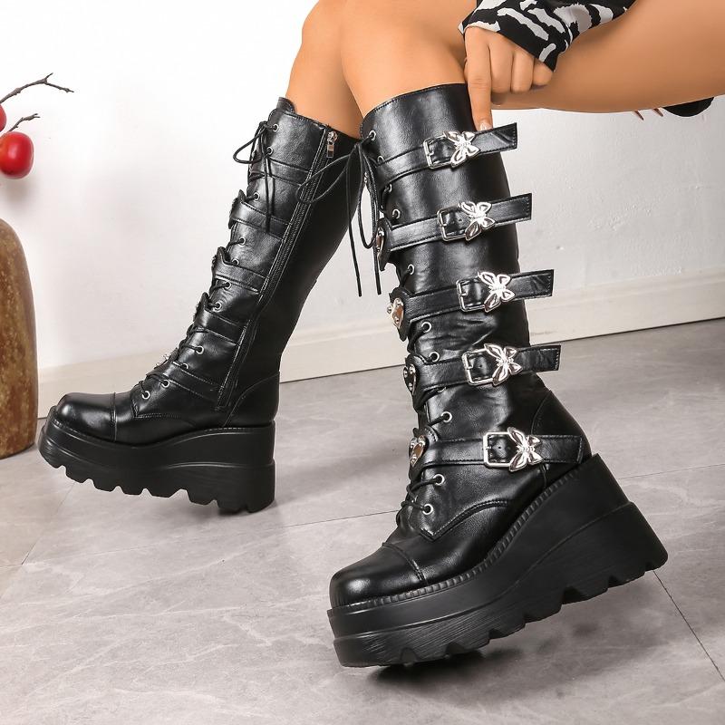 Large Size 36-43 Women's Soft Bottom Motorcycle Boots Lady Slope Heel Butterfly Love Belt Buckle Punk Fad Long Boots Botas Mujer