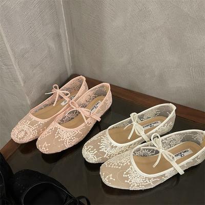 Fairy Style Bow Mary Jane Women's Shoes 2025 New Hollow Lace Shallow Mouth with Skirt Flat Bottom Evening Shoes