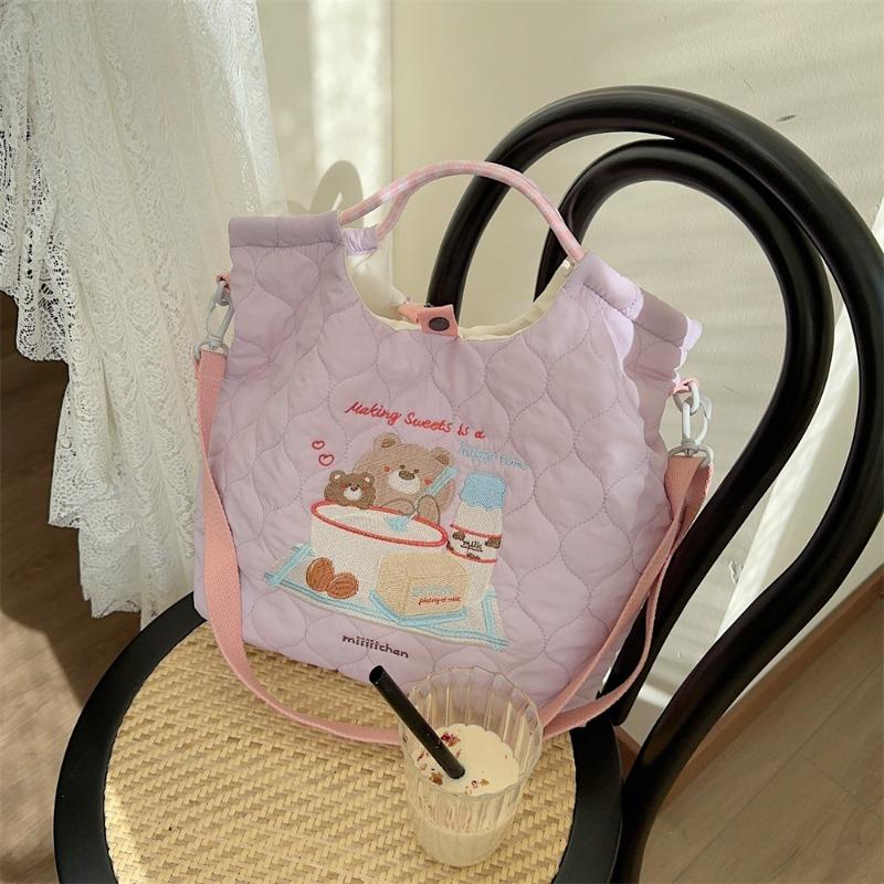 

2 cream autumn and winter new large-capacity canvas bag bag quilted embroidery handbag shopping messenger bag