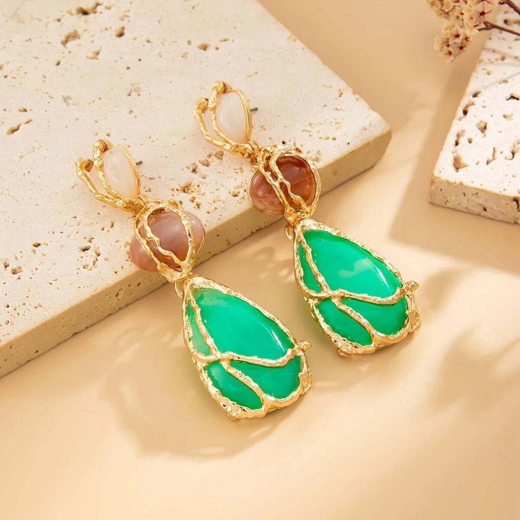 Salircon New Trend Boho Colorful Resin Stone Dangle Earrings for Women Ethnic Vintage Statement Water Drop Long Earring Jewelry