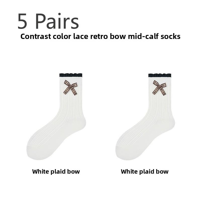 5 Pairs of Cute Spring and Autumn Women's Bow Tied White Lace Mid Calf Socks