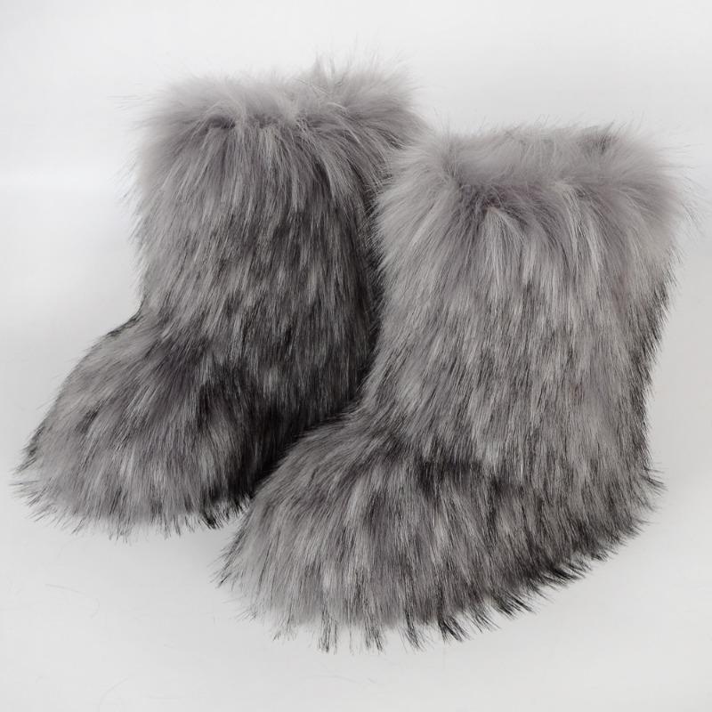 Flat heel high top warm winter furry boots deep mouth round head medium tube imitation fox fur snow boots women