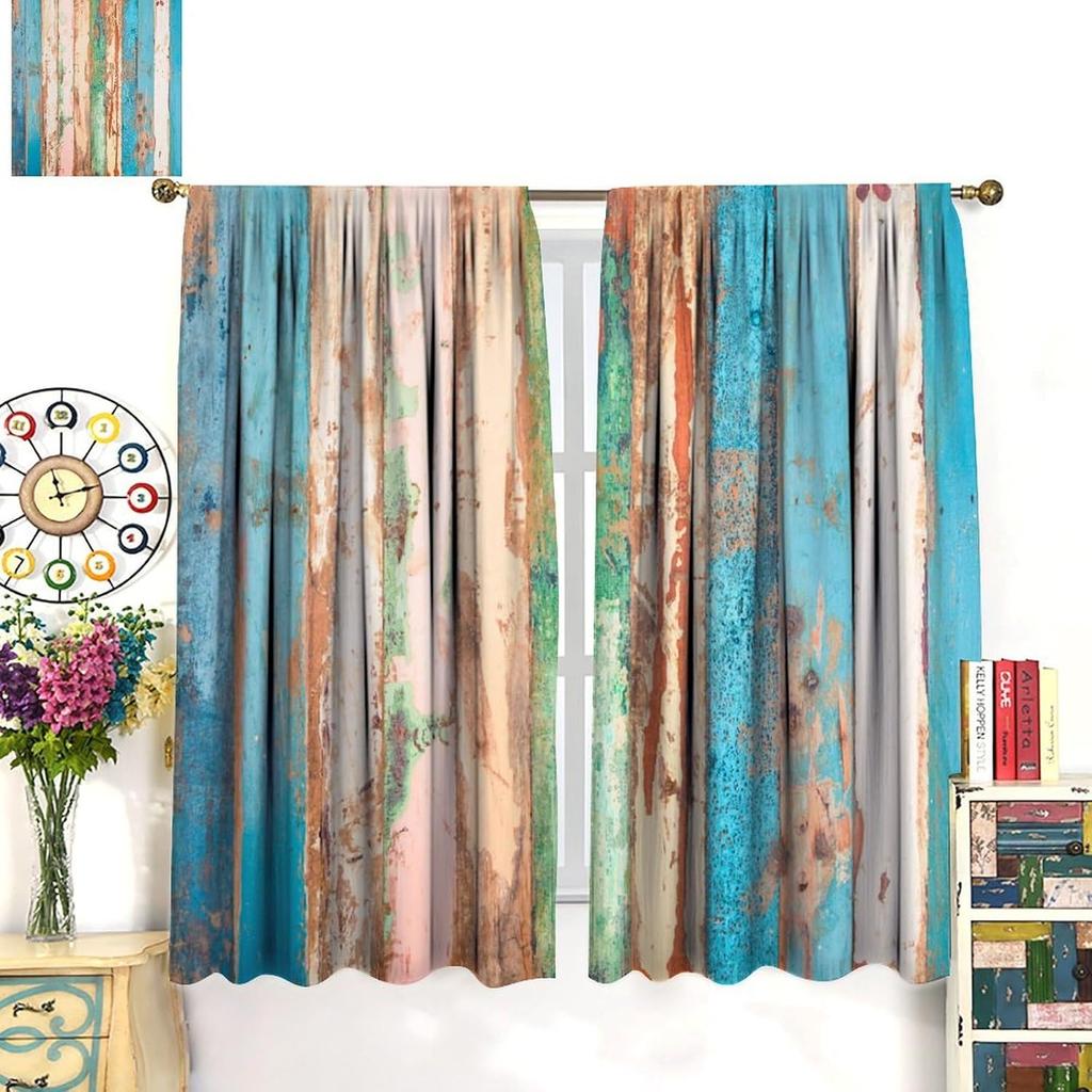 Blue Wood Planks Blackout Curtains  Rustic Cabin Retro Wooden Planks Farmhouse Print Rod Pocket Window Treatments Drapes for Bedr
