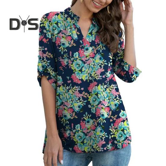 

Женская рубашка с V-образным вырезом, рукавами 3/4, легкие топы с цветочным принтом, струящийся подол, туника, топы на каждый день XXXXL I