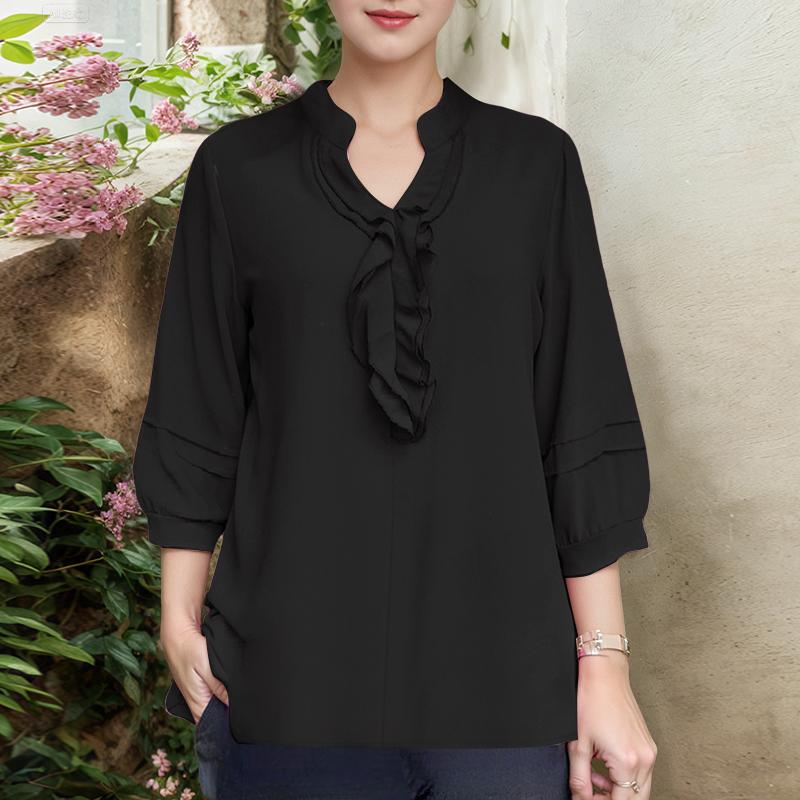 ZANZEA Women Casual Ruffles V-Neck Loose 3/4 Sleeve Blouse