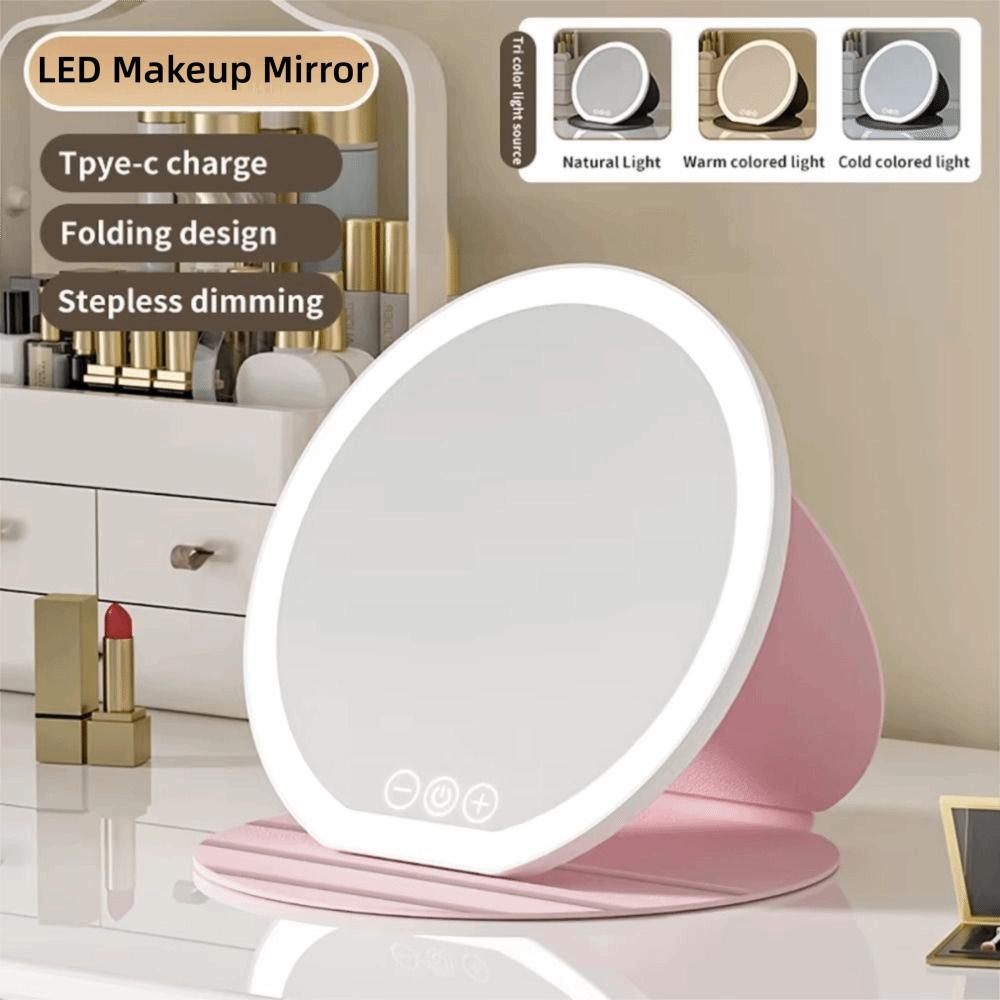 Leather Case LED Makeup Mirror Round Mirror Foldable Cosmetic Mirrors  Office Use