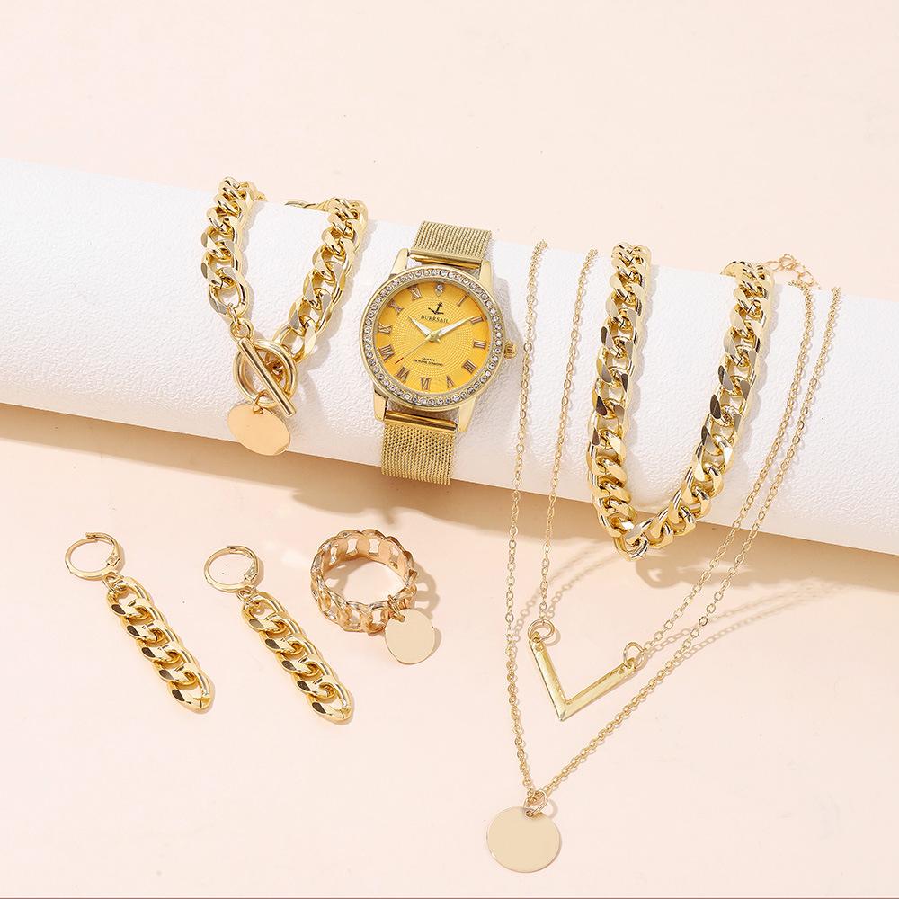 Waterproof Women'S Watch With Diamond Roman Face Women'S Belt Steel Belt Five-Piece Set Bracelet Necklace Set Watch