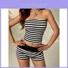 Street Style Black White Striped Shorts Set With Polyester Fabric For Summer Women