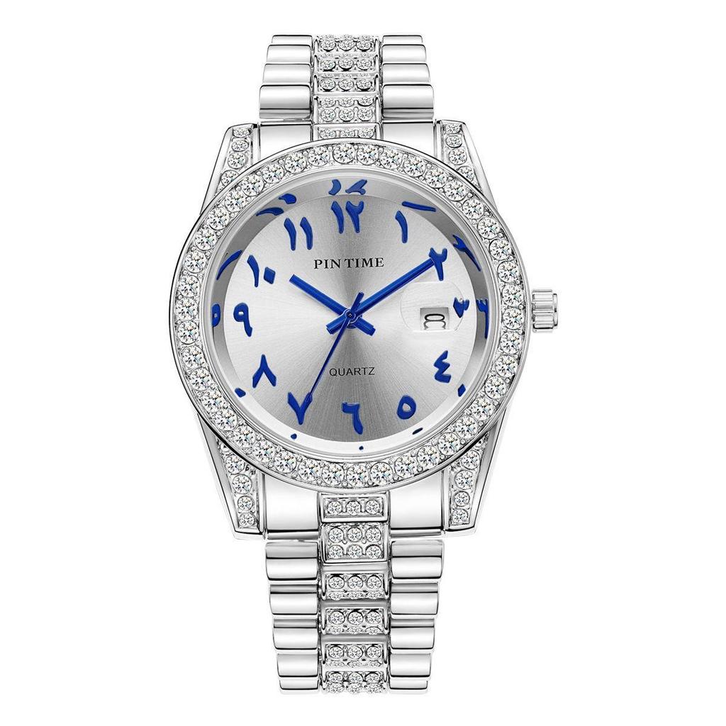 PINTIME Male Quartz Watches With Diamond Studded Bezel Design Arabic Numeral Scale Fashion Business Style Men's Waterproof Calendar Luminous Watch