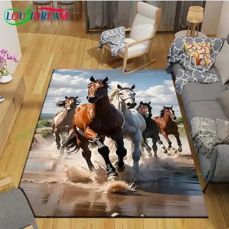Realistic Running Horse Print Flannel Area Rug, Non-slip Soft Floor Mat for Living Room Bedroom Home Decor