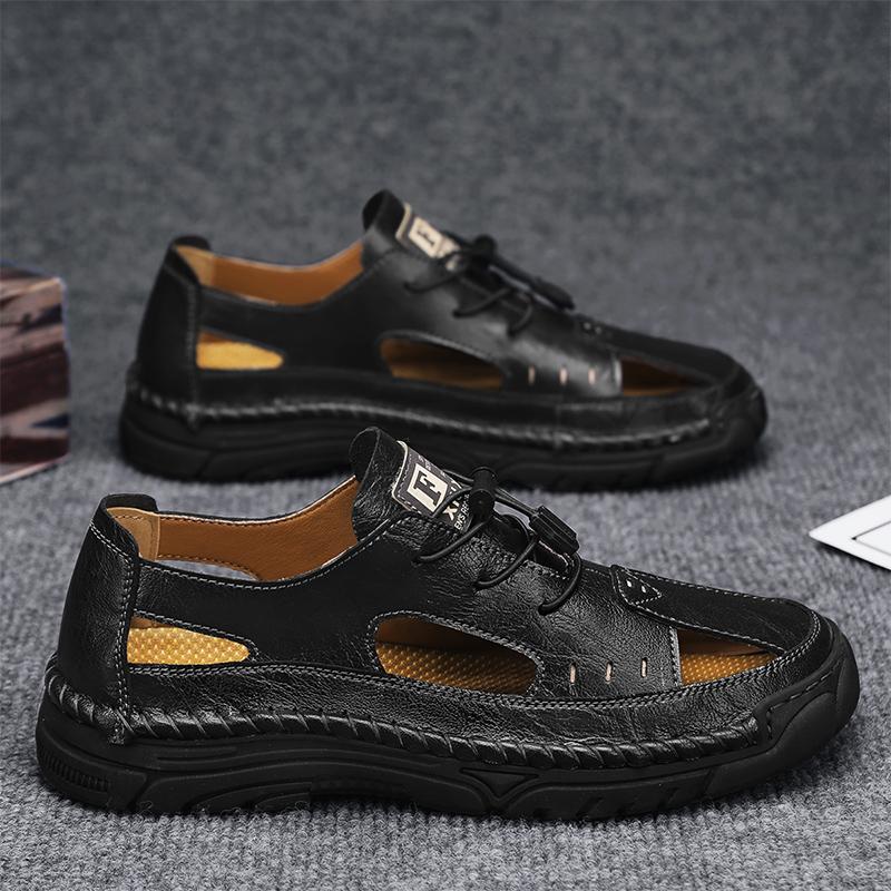 

Summer Soft Sole Plus Size Handmade Stitching Beach Men s Shoes Outdoor Men s Comfortable Hollow Breathable Casual Shoes 46 чёрный