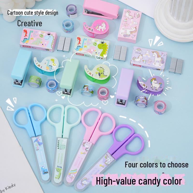 Bonbonfarbene Cartoon-Schreibwaren-Set: Hefter, Schere, Klebebandhalter