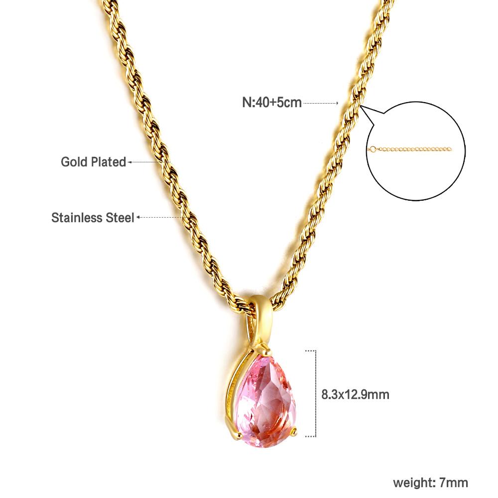 New Fashion 1 Piece 316L Pink Teardrop Crystal Pendant Necklace 40+5cm Golden Hemp Rope Chain Female Sweet Romantic Jewellery