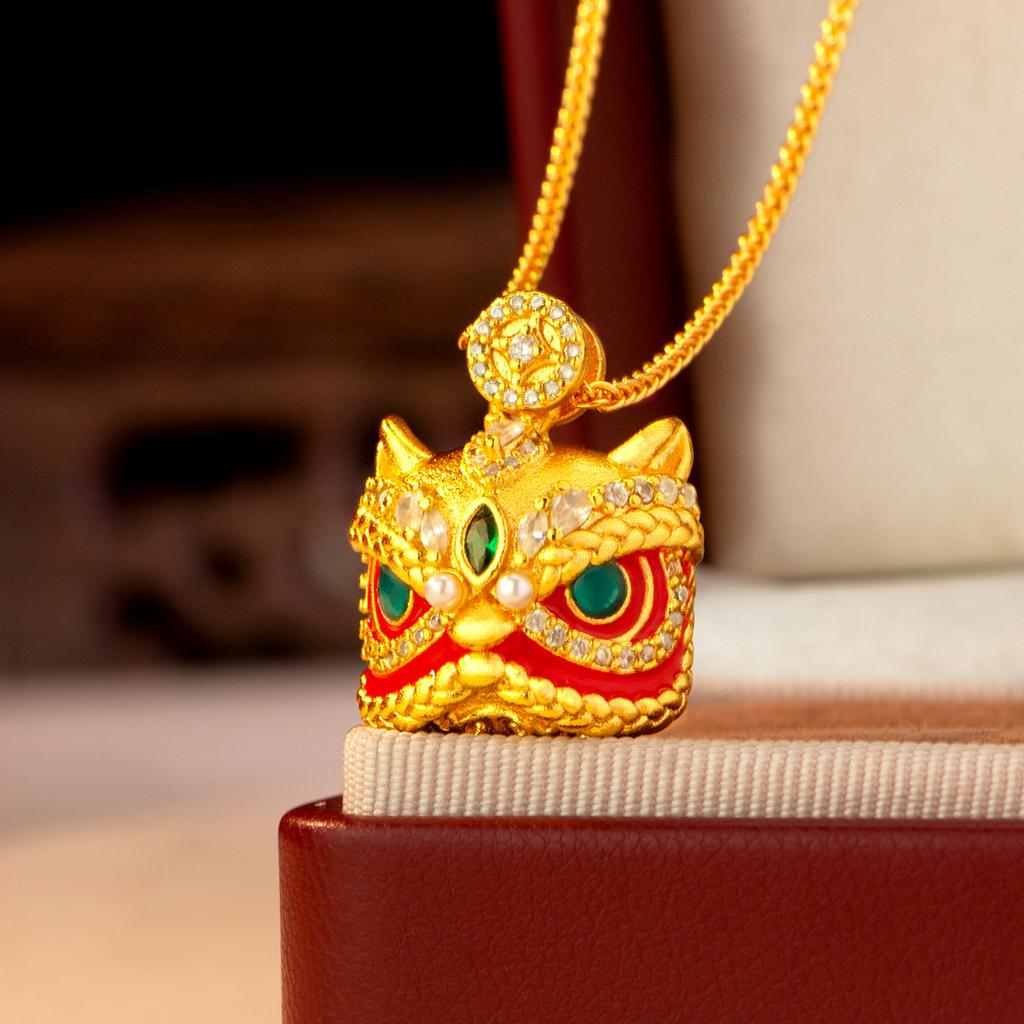 Luxury 24K 9999 Pure Gold Real Gold Enamel Color Lion Dance Pendant Ancient Chinese Style All-match Necklace