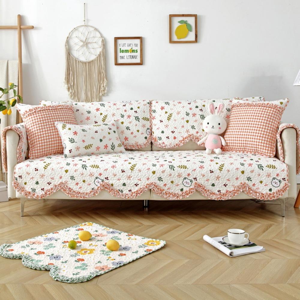 Cotton Printed Slipcover Washable Sofa Cover with Wave Edge Non Slip Full Coverage All Season