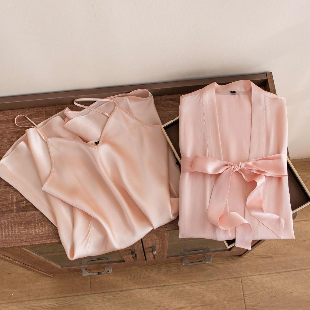 Elegant French Mulberry Silk Camisole & Robe Set for Wedding Morning