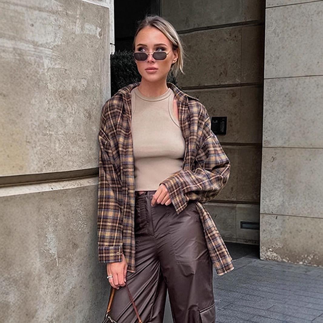 

2025 European & American Women s Retro Long Plaid Shirt – Fashionable Loose Fit Base Layer Top XL