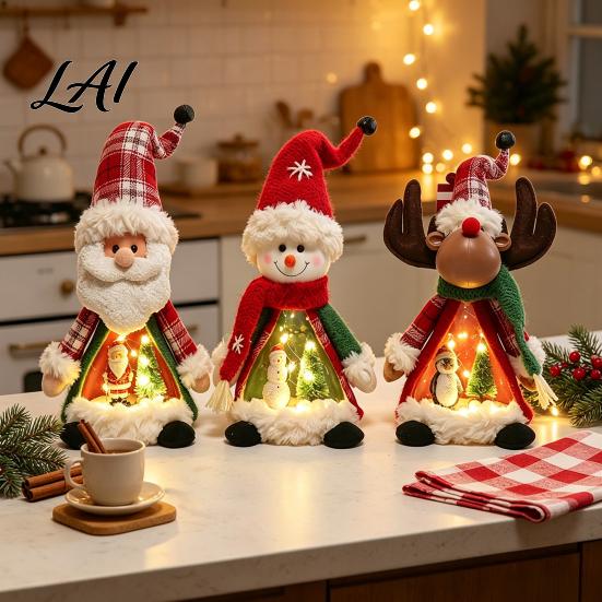 Standing Christmas Character Set Lighted Doll Decoration Cute Plush Santa Claus/Snowman/Reindeer Figurine with Holiday Home Interior Decor