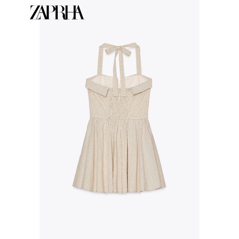Zaprha 2025 New Arrival French Sweet First Date Silm Cotton Hanging Collar Gingham Short Dress 5107303