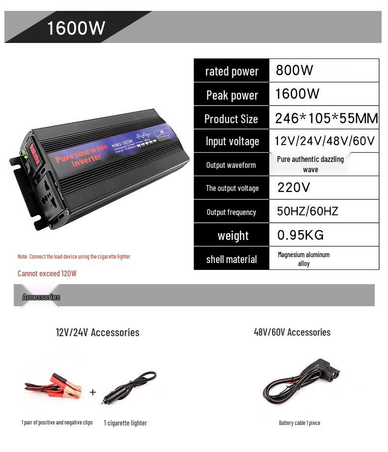 2000W Pure Sine Wave Inverter, 12V/24V/48V/60V to 220V Power Supply