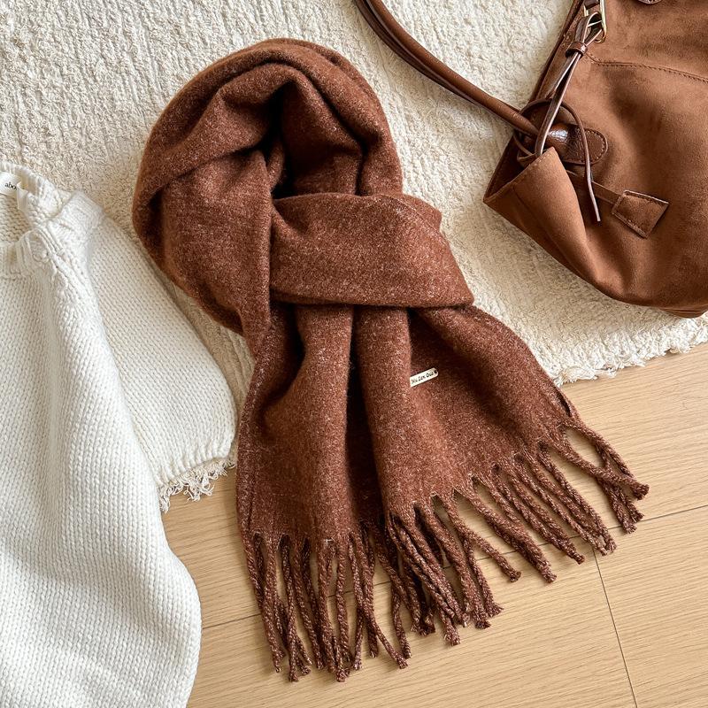 Winter Wool Scarf Women Luxury Two-Sides Cashmere Scarf Thickened Warm Shawl Classic Tassels Scarf Solid Soft Shawl
