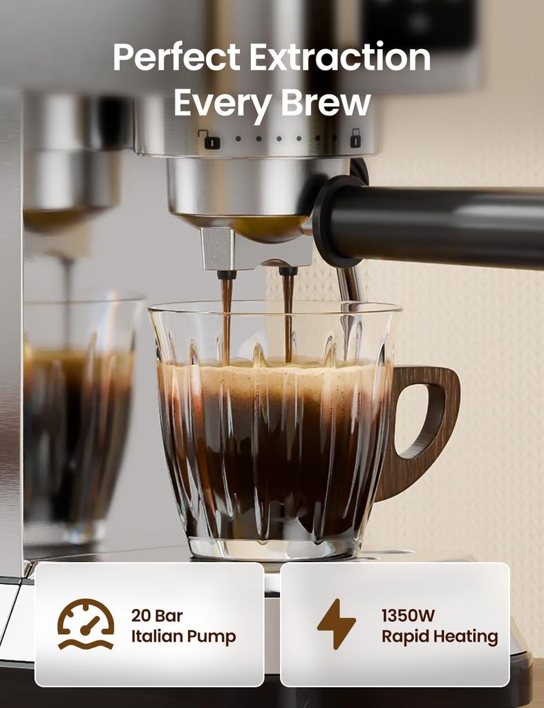 Espressomaschine 20 Bar, Kompakter Kaffeevollautomat mit Milchaufschäumer & Cold Brew, 1,5-Liter-Tank, Edelstahl Cappuccino Latte Maker,