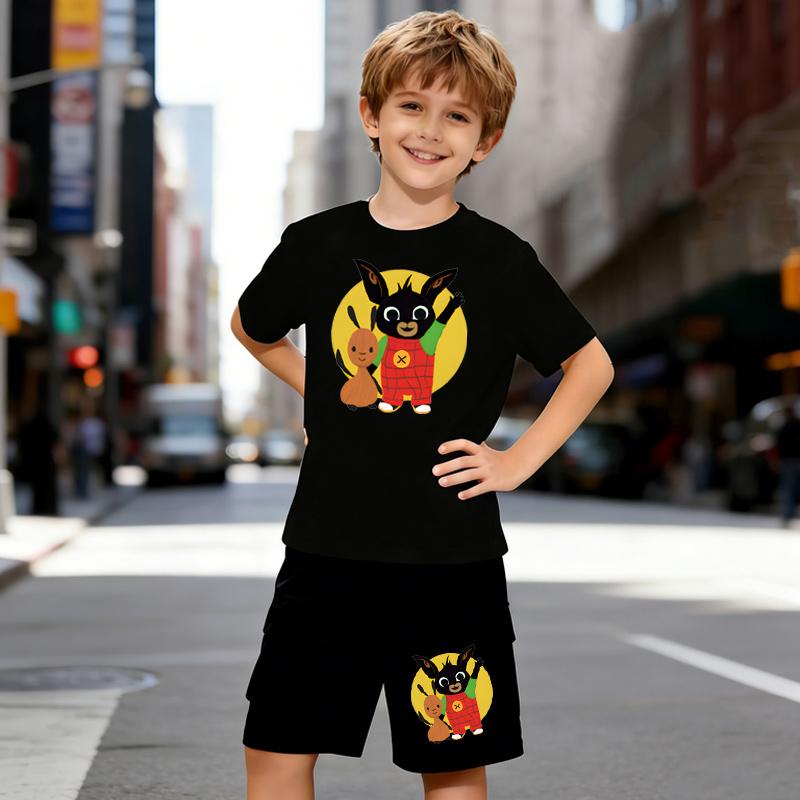 

Boys 2 Piece Cartoon Rabbit Print Outfit, Short Sleeve T-Shirt and Shorts Set for Kids Age 5-14,Black and White Sporty Casual Summer Clothes 5-6 Years чёрный