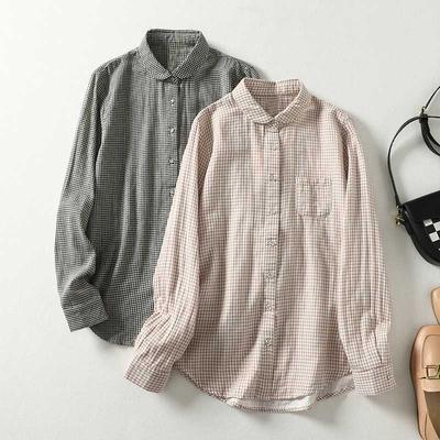 Vintage Round Neck Classic Checkered Shirt Cotton Linen Versatile Long Sleeved Top for Women Blouses & Shirts