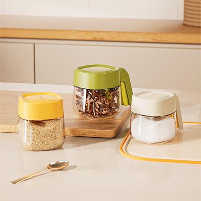 Kitchen Glass Seasoning Can with Spoon Household Seasoning Storage Box Flip Top Single Handle Pressed Chicken Essence Container