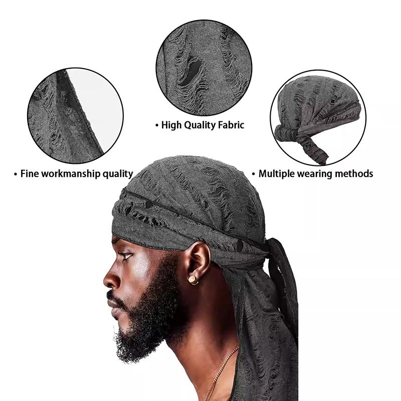 New Men's Vintage Ripped Adjustable Bandana Pirate Hat Punk Style Cotton Durag HeadbandLong Tail Pirate Cap Cycling Head Scarf
