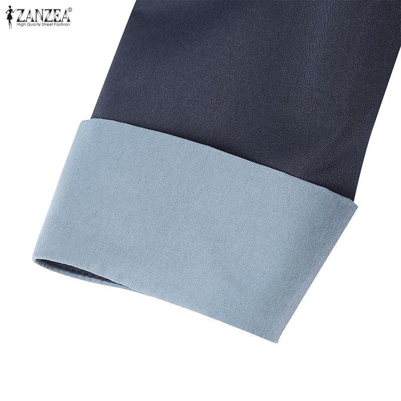 ZANZEA Vestido feminino casual gola virada para baixo solto manga comprida