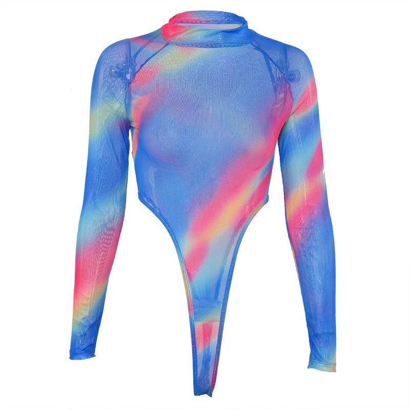 Damen Sommer Mesh Tie-Dye Langarm Slim Fit Bodysuit