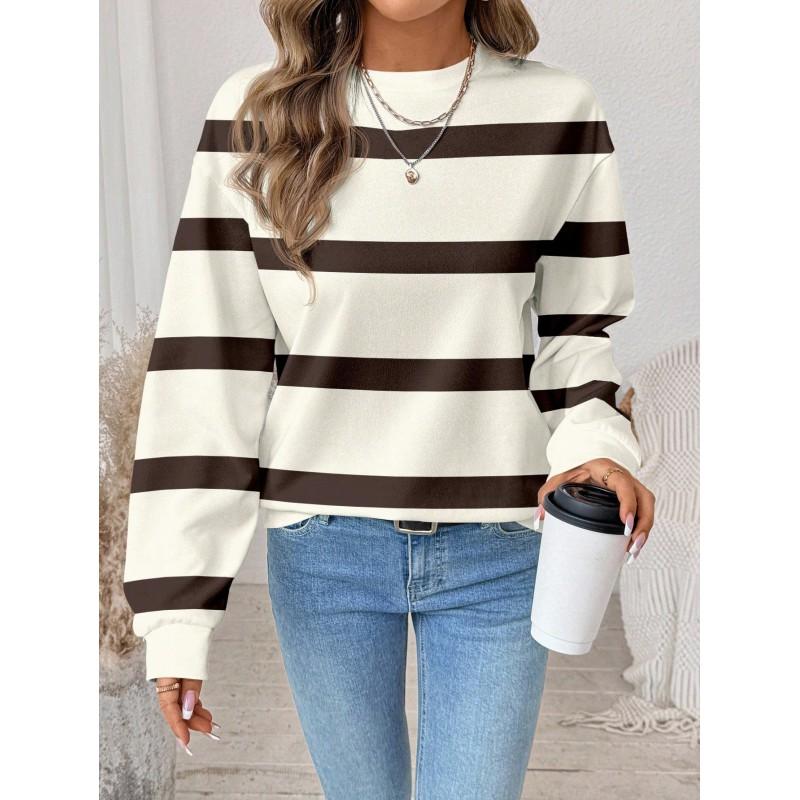 Womens Casual Striped Print Hoodie-Free Sweatshirt Loose Fit Round Neck Long Sleeve Top 2025