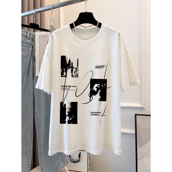 

Хлопковая футболка с принтом, летняя, с коротким рукавом, женская, свободного кроя S белый