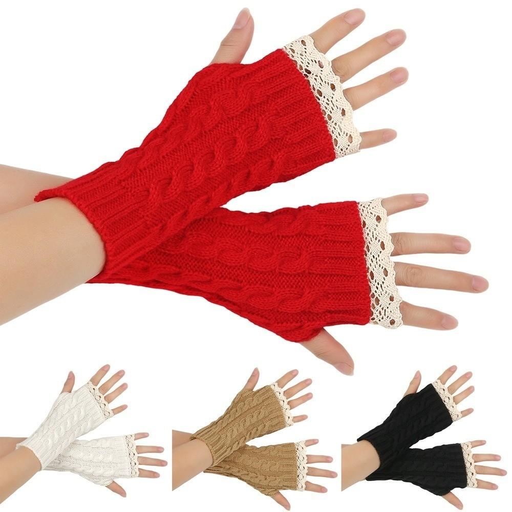 Long Fingerless Mittens Lace Trim Women Knitted Gloves Fashion Wrist Mittens Women Use