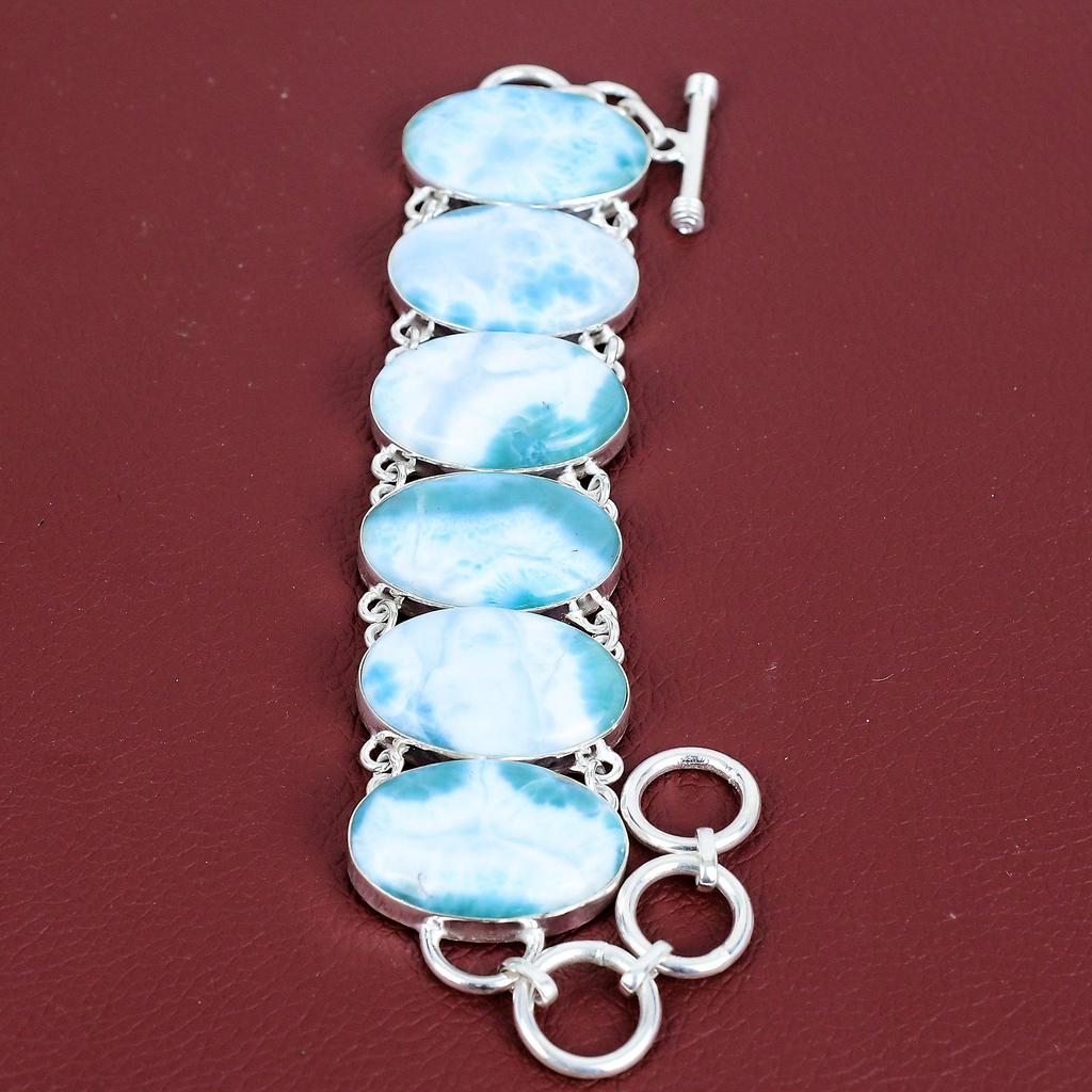 Larimar Bracelet Natural Gemstone Bracelet 925 Sterling Silver Bracelet Adjustable Chain Bracelet Decent Jewelry Handmade Bracelet for Gifts