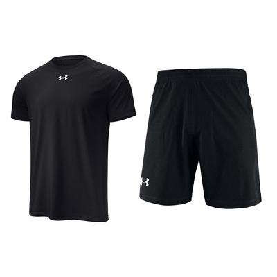 Letter Print Pullover Crew Neck T-Shirt And Elastic Waist Mid-Rise Shorts Casual Sports Set Men Sets Black 22500518-001+22500214-001