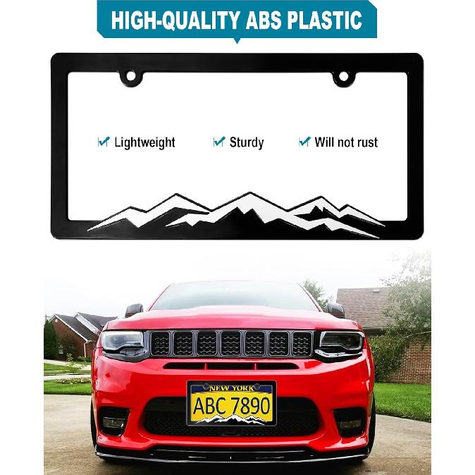 Mountain License Plate Frames- White On Black 3D Mountain Raised, ABS Plastic Car Tag Holder | Includes Rust-Proof Screws, Caps & Free Vinyl Decal