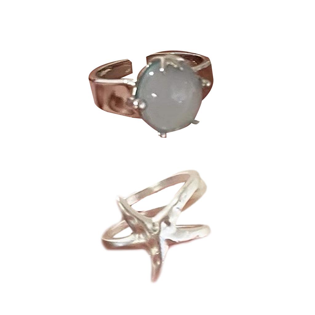 Pack of 2 Adjustable Starfish Inspired Open Rings with Artificial Gemstones for Women Daily Wear or Party Jewelry