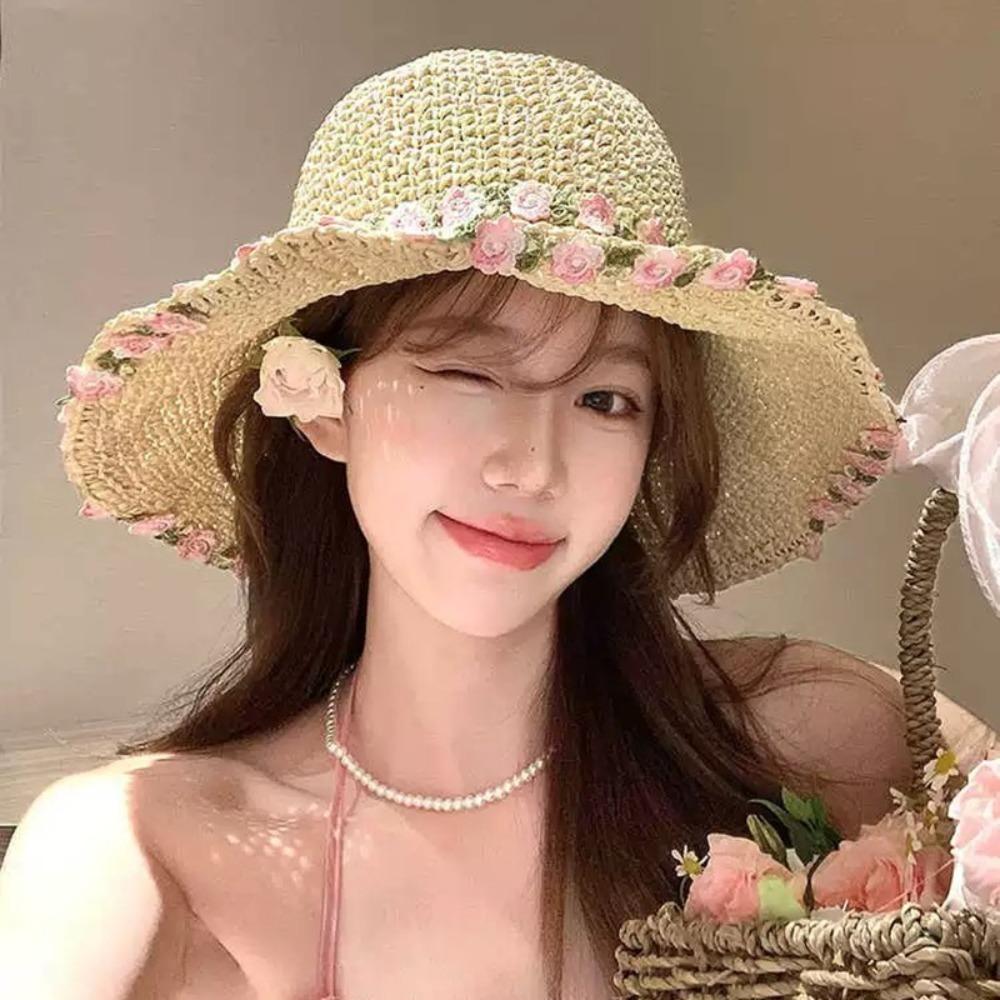 Wide Brim Beachside Sun Hat Fishing Cap Summer Beach Hat Flower Lafite Straw Hat  Outdoor