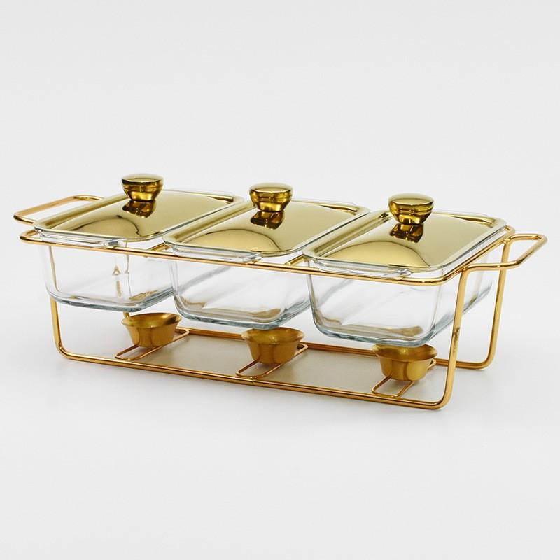 Chaffing Dish Golden Rectangular Three-Grid Glass Dining Stove Glass Heating Container Restaurant Buffet Stove