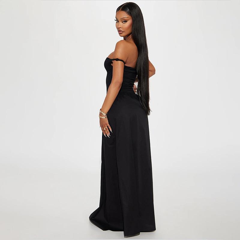 Women's Autumn and Winter Fashion Sexy One-line Shoulder with Chest Pleated Solid Color Dress