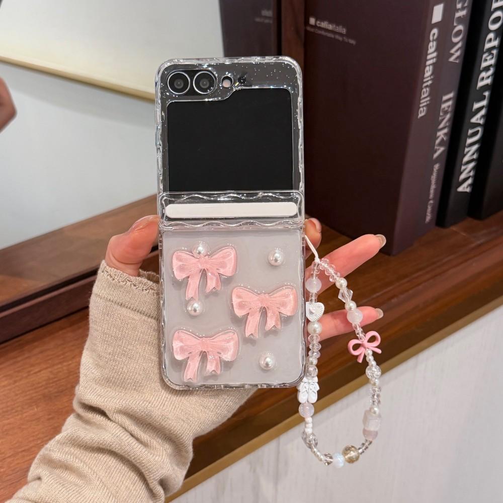3D Bow For Samsung Galaxy Z Flip 5 6 7 5G Bracele Case Hinge Magnetic PC Shell Shockproof Protective Transparent Back Cover
