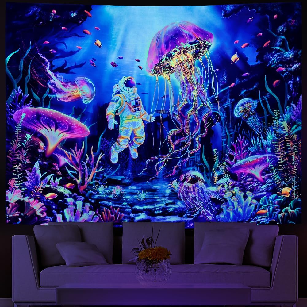 Lahasbja Blacklight Astronaut Tapestry UV Reactive Jellyfish Wall Hanging Fantasy Under The Sea World Wall Tapestries Aesthetic Neon Coral Plants