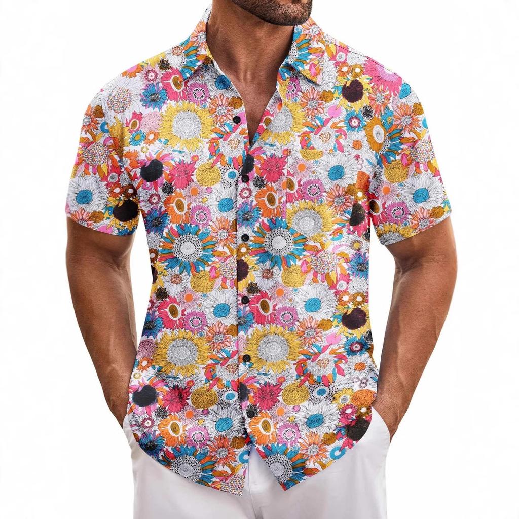 Summer Short Sleeve Flower Shirt Men'S Beach Large Size Casual 3D Digital Printing Men'S Shirt Tide