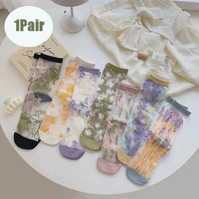 1 Paire Chaussettes Cristal Transparentes Ultra-Fines Florales France pour Femmes Nouvelles Douces Mignonnes Japonaises Été Mi-Mollet Élastiques